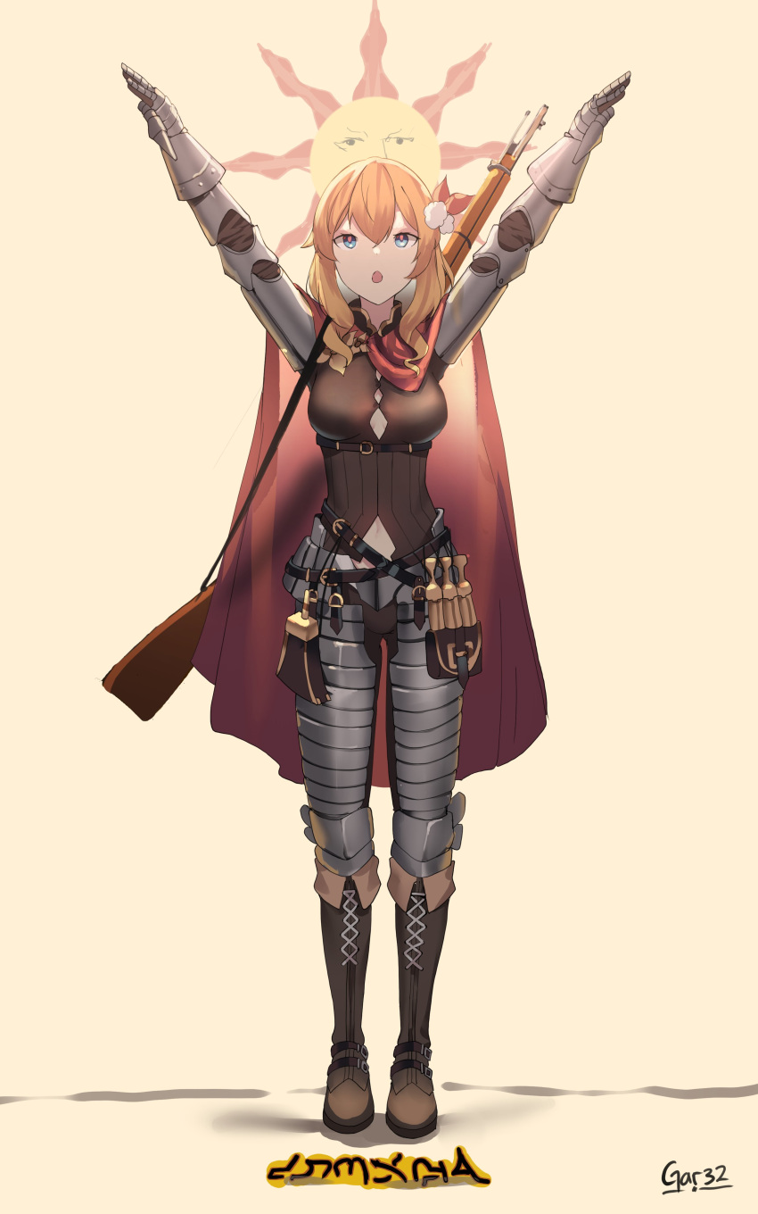 1girl absurdres bangs blonde_hair blue_eyes bolt_action boots breasts cape clothing_cutout commission dark_souls english_commentary full_body gar32 gauntlets girls_frontline gun hair_ornament highres knee_boots long_hair mosin-nagant mosin-nagant_(girls_frontline) navel_cutout official_alternate_costume open_mouth plate_armor praise_the_sun red_cape rifle simple_background solo souls_(from_software) standing weapon