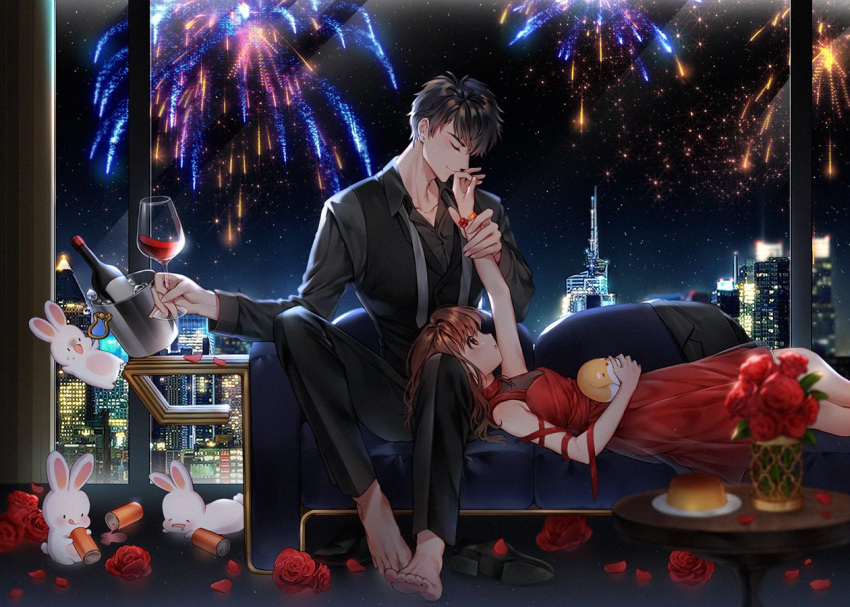 1boy 1girl alcohol arm_up barefoot black_hair black_pants black_shirt black_vest brown_hair bucket bunny cityscape couch cup dessert dress drinking_glass fireworks flower food grey_neckwear hetero holding_arm iji_(u_mayday) indoors li_zeyan looking_at_another love_and_producer lying necktie night on_back pants protagonist_(love_and_producer) red_dress rose shirt shoes_removed smelling table vase vest window wine wine_glass