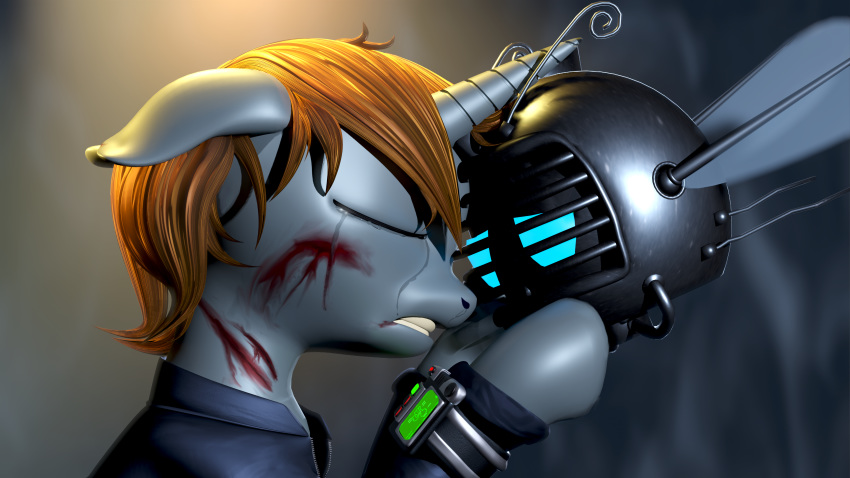 3d_(artwork) absurd_res blood bodily_fluids chaoticelite crying digital_media_(artwork) equid equine fallout_equestria fan_character female goodbye hasbro hi_res horn horse hug littlepip mammal my_little_pony pony remake sad spritebot tears unicorn