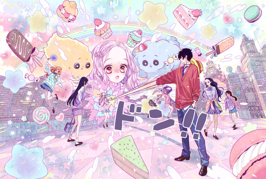 1boy 6+girls animal_ears bag black_hair black_skirt blonde_hair blue_skirt blush boa_hancock bunny_ears cake candy carrot_(one_piece) charlotte_linlin clothes_around_waist cotton_candy cupcake eyewear_on_head food fruit glasses hair_ornament handbag hat heart humanization jacket jacket_on_shoulders lollipop long_hair macaron maki_youko mary_janes monkey_d_luffy multiple_girls nami_(one_piece) nico_robin official_art one_piece open_mouth orange_hair pink_hair pink_skirt pleated_skirt ponytail prometheus_(one_piece) purple_legwear purple_skirt rainbow scarf school_uniform shoes short_hair skirt socks sound_effects star_(symbol) straw_hat straw_hats_jolly_roger strawberry sweater sweater_around_waist tashigi vinsmoke_reiju wall_slam white_legwear younger zeus_(one_piece) zoom_layer