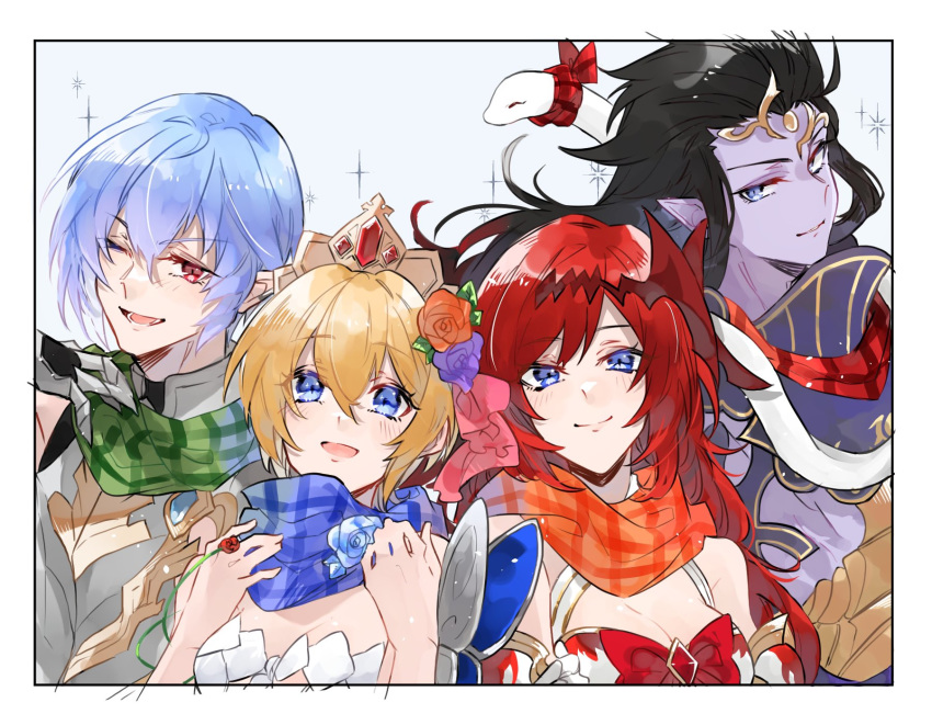 2boys 2girls :d armor arms_up bare_arms bare_shoulders blonde_hair blue_background blue_butterfly blue_eyes blue_flower blue_hair blue_rose blue_scarf border breasts bug butterfly cleavage colored_skin europa_(granblue_fantasy) eyebrows_visible_through_hair eyelashes flower gauntlets godguard_brodia granblue_fantasy green_scarf grimnir hair_flower hair_ornament hair_ribbon hand_on_own_chin highres insect long_hair looking_at_viewer lower_teeth medium_breasts multiple_boys multiple_girls one_eye_closed open_mouth orange_scarf pectorals pink_ribbon plaid plaid_scarf purple_eyes purple_flower purple_rose purple_skin red_eyes red_flower red_hair red_rose red_scarf ribbon rose scarf shiva_(final_fantasy) short_hair simple_background smile snake sparkle tiara white_snake yakota_(usuk-yako)