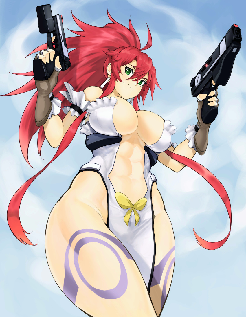 1girl abs absurdres ahoge anagumasan arm_garter breasts center_opening cloud cloudy_sky commentary_request day dress dual_wielding earrings finger_on_trigger fingerless_gloves from_below gloves green_eyes gun hair_pulled_back handgun high_ponytail highleg highleg_dress highres himeki_luna holding holding_gun holding_weapon huge_breasts impossible_clothes impossible_dress jewelry leg_tattoo looking_at_viewer navel no_bra no_panties pelvic_curtain pistol red_hair sky sleeveless sleeveless_dress smile solo strapless strapless_dress tattoo thick_thighs thighs vanguard_princess weapon white_dress