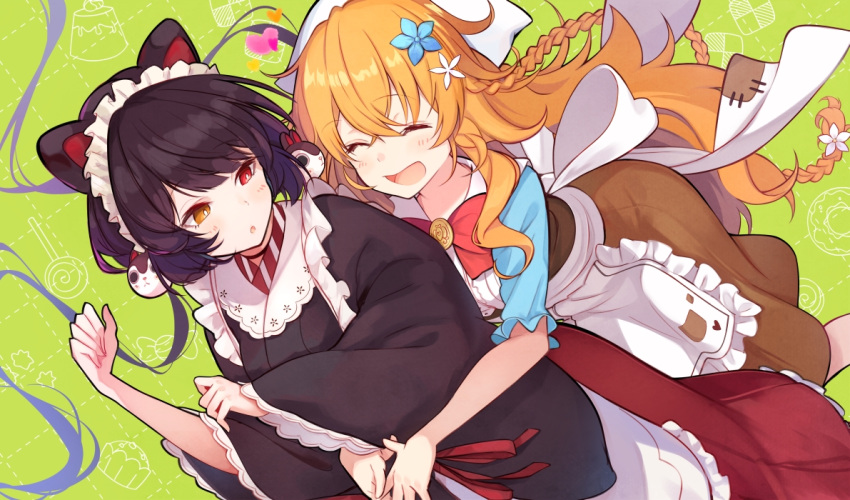 2girls animal_ears apron black_kimono blush bow bowtie braid brat breasts brown_dress brown_hair closed_eyes commentary cowboy_shot dog_ears dress eyebrows_visible_through_hair flower green_background hair_between_eyes hair_flower hair_ornament heart heterochromia hug hug_from_behind inui_toko japanese_clothes kimono large_bow long_hair looking_at_another looking_back maid_apron maid_headdress medium_breasts multiple_girls nijisanji open_mouth orange_eyes orange_hair otogibara_era red_eyes red_neckwear red_skirt simple_background skirt smile symbol_commentary virtual_youtuber white_bow wide_sleeves