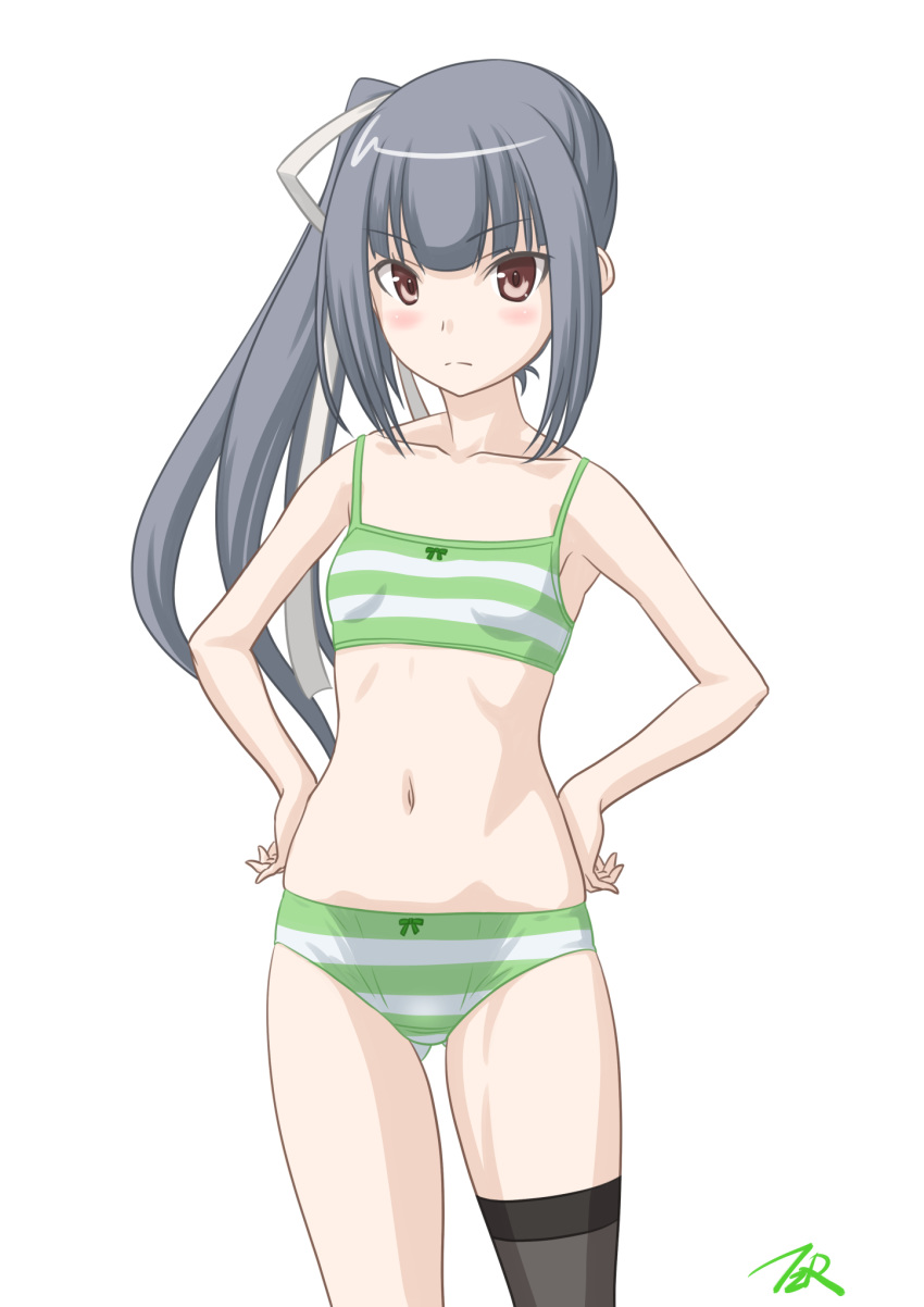 1girl artist_logo black_legwear bra breasts brown_eyes commentary_request cowboy_shot dress green_bra green_panties grey_hair hands_on_hips highres kantai_collection kasumi_(kantai_collection) long_hair looking_at_viewer panties shirt side_ponytail simple_background single_thighhigh small_breasts solo striped striped_bra striped_panties t2r thighhighs training_bra underwear underwear_only white_background