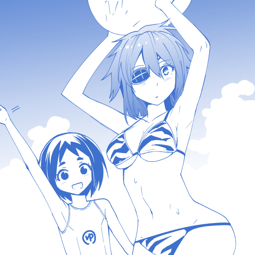 2girls animal_print arms_up ball bikini blue_theme breasts cloud commentary_request day eyepatch flat_chest highres kantai_collection kiso_(kantai_collection) maru-yu_(kantai_collection) masukuza_j medium_breasts monochrome multiple_girls outdoors school_swimsuit short_hair sky swimsuit tiger_print waving