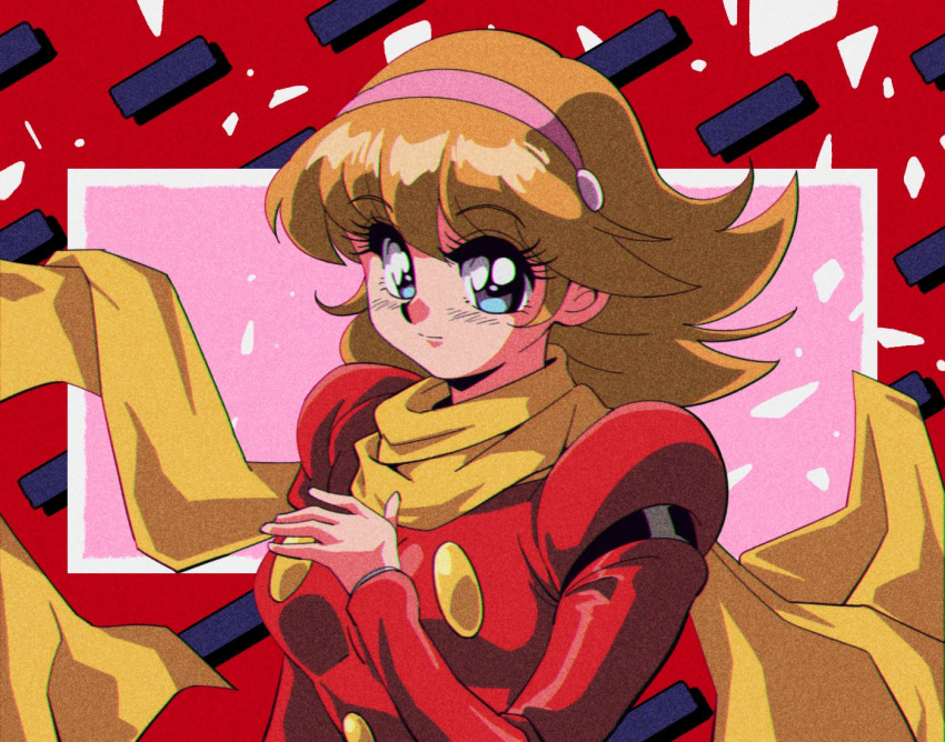 1990s_(style) 1girl bangs breasts brown_hair cyborg_009 eyebrows_visible_through_hair eyelashes film_grain francoise_arnoul hairband hand_on_own_chest looking_at_viewer medium_breasts medium_hair pink_hairband potiri02 scarf smile solo yellow_scarf