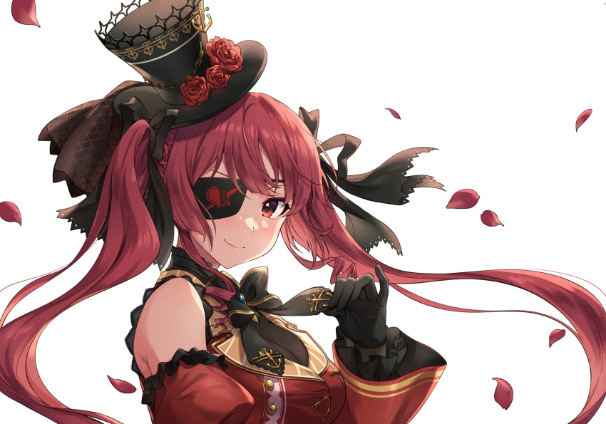 1girl bangs black_bow black_gloves bow breasts eyebrows_behind_hair eyepatch floating_hair flower gloves gothic_lolita hair_bow hat hat_flower highres hololive houshou_marine lolita_fashion long_hair medium_breasts mikami_(mcm_ncb) mini_hat negative_space official_alternate_costume one_eye_covered petals red_eyes red_flower red_hair red_rose rose smile solo upper_body v-shaped_eyebrows virtual_youtuber