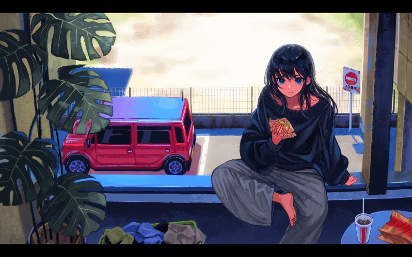 1girl bangs barefoot blue_eyes blue_hair blue_shirt car cup disposable_cup eating food ground_vehicle hamburger highres long_hair looking_at_viewer loose_clothes loose_pants loose_shirt mole mole_under_eye motor_vehicle original plant potted_plant road_sign shirt sign sitting solo stop_sign window1228