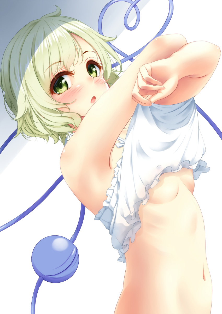 1girl :o absurdres blush breasts camisole green_eyes green_hair highres indica komeiji_koishi looking_at_viewer navel nipples no_bra short_hair solo stomach third_eye touhou underboob undressing upper_body white_background