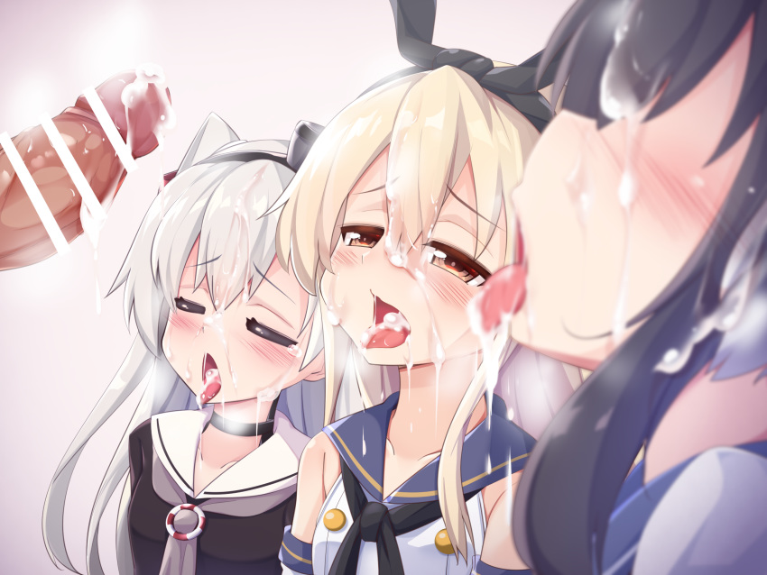 1boy 3girls after_fellatio amatsukaze_(kantai_collection) bar_censor black_hair black_hairband black_panties blonde_hair blurry blush brown_eyes bukkake censored commentary_request cum cum_in_mouth cum_on_hair cum_on_tongue cumdrip elbow_gloves facial gloves hair_tubes hairband hat heart hetero highres kantai_collection kurokoshou_(emuburemu123) long_hair mini_hat multicolored_hair multiple_girls open_mouth panties penis sailor_collar school_uniform serafuku shimakaze_(kantai_collection) silver_hair striped tokitsukaze_(kantai_collection) tongue tongue_out two_side_up underwear