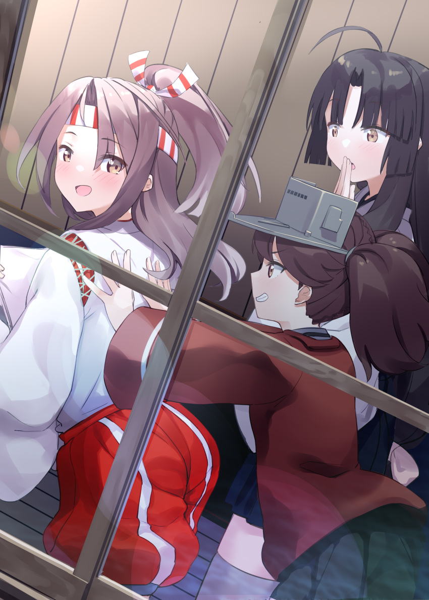 3girls absurdres black_hair brown_eyes brown_skirt grin hachimaki hakama hakama_pants headband high_ponytail highres japanese_clothes kantai_collection kariginu light_brown_hair long_hair long_sleeves multiple_girls natsuki_(gedo) pants pleated_skirt red_hakama red_pants ryuujou_(kantai_collection) shouhou_(kantai_collection) skirt smile striped_headband thighhighs twintails visor_cap white_legwear wide_sleeves zuihou_(kantai_collection)