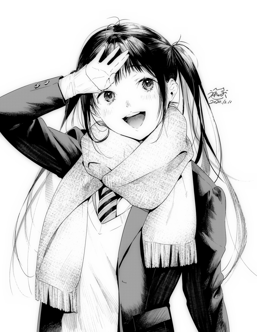1girl :d absurdres bangs banned_artist blush commentary_request dated greyscale hand_on_own_forehead hand_up happy highres jacket kamiyama_aya layered_sleeves long_hair long_sleeves looking_at_viewer messy_hair monochrome multicolored_neckwear necktie open_clothes open_jacket open_mouth original scarf shirt signature smile solo striped striped_neckwear sweater_vest twintails upper_body upper_teeth