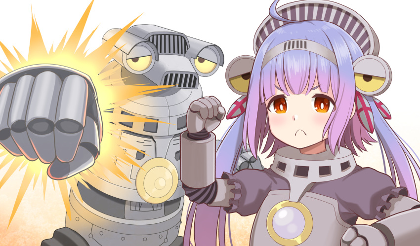 1girl ahoge bangs blue_hair brown_eyes clenched_hands duke_(kimurasun) eyebrows_behind_hair gradient_hair highres looking_at_viewer mecha mecha_musume multicolored_hair personification purple_hair rocket_punch sevenger tokusatsu twintails ultra_kaijuu_gijinka_keikaku ultra_series ultraman_z_(series) v-shaped_eyebrows yellow_eyes