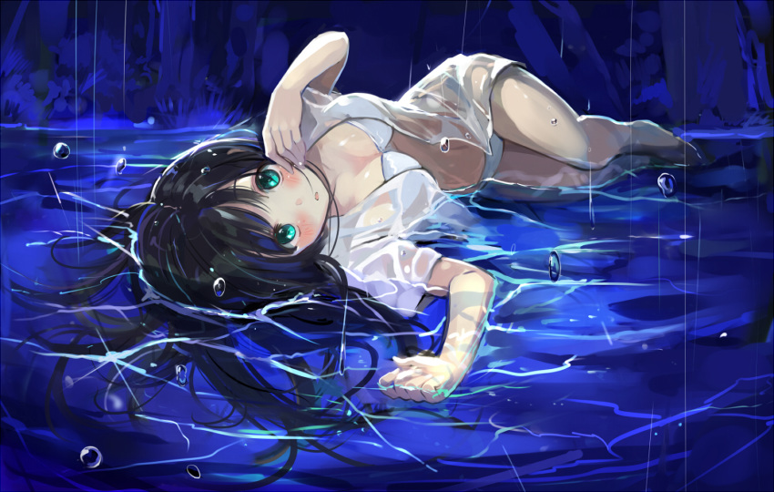 black_hair blush bra breasts bubbles cleavage green_eyes long_hair maigoyaki open_shirt original panties rain see_through underwear waifu2x water wet