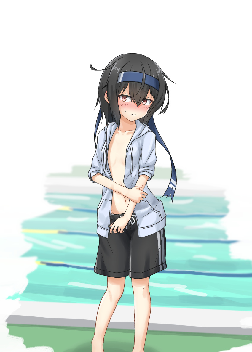 1girl absurdres alternate_hair_length alternate_hairstyle black_hair black_shorts blue_headband collarbone commentary_request flat_chest hatsushimo_(kantai_collection) head_tilt headband highres kantai_collection male_swimwear male_swimwear_challenge pool poolside red_eyes short_hair shorts solo standing swim_trunks swimwear umino_ht