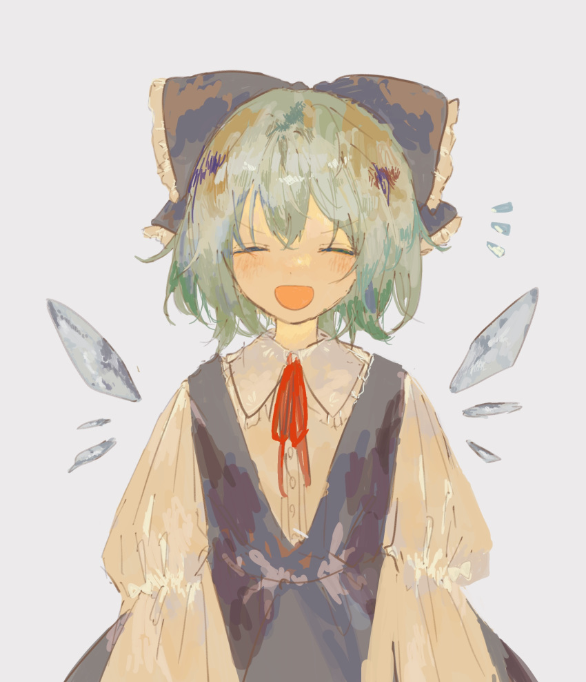 &gt;:) /\/\/\ 1girl :d blue_bow blue_dress blue_hair blush bow cirno closed_eyes dress dress_shirt facing_viewer frilled_bow frills grey_background hair_bow hair_ribbon happy highres ice ice_wings long_sleeves na_be123 neck_ribbon open_mouth puffy_long_sleeves puffy_sleeves red_ribbon ribbon shirt short_hair simple_background smile solo touhou upper_body white_shirt wings