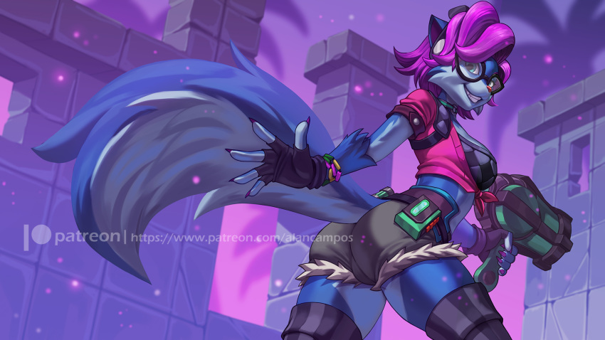 16:9 2020 5_fingers alanscampos anthro breasts clothed clothing day detailed_background digital_media_(artwork) female fingers hair hi_res outside paladins pepper_(paladins) purple_hair sky smile solo teeth widescreen