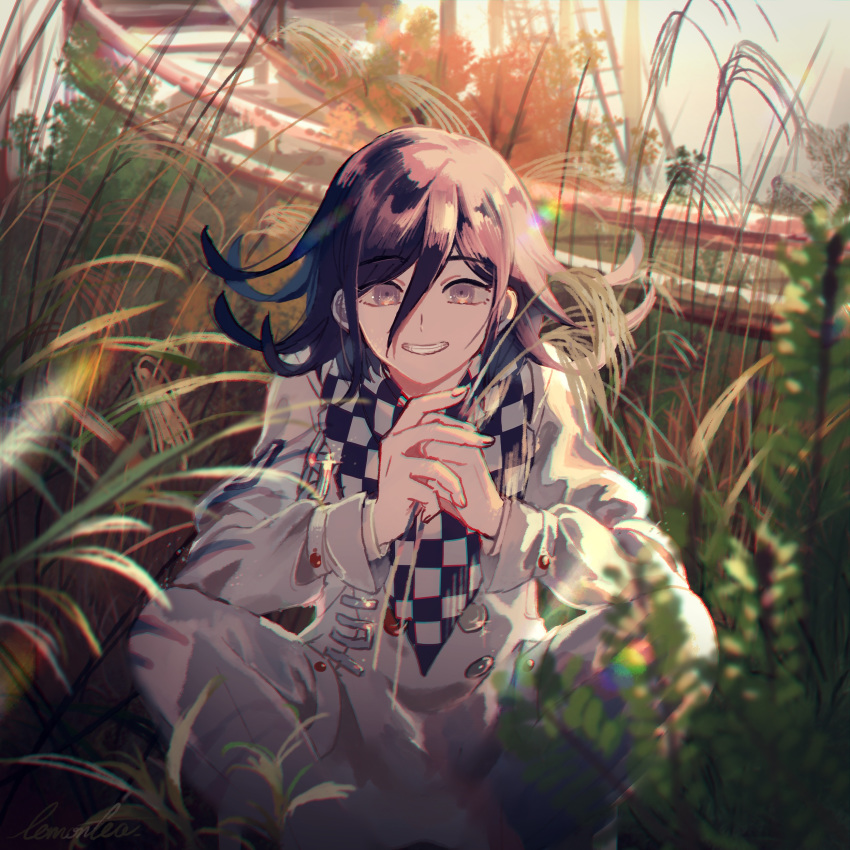 1boy absurdres blurry blurry_background blurry_foreground checkered checkered_scarf chromatic_aberration danganronpa depth_of_field eyebrows_visible_through_hair grass hair_between_eyes hands_together highres lemontea long_sleeves male_focus new_danganronpa_v3 ouma_kokichi purple_eyes purple_hair scarf shirt short_hair smile solo squatting tree