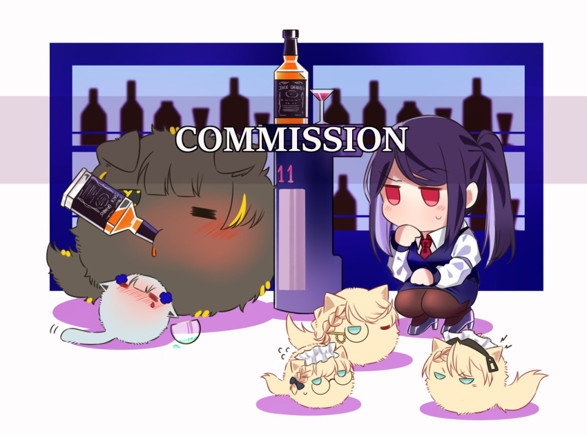 1girl 5others animal_ears animalization bar chibi commission crossover cup drinking_glass drunk eyepatch furball g36_(girls_frontline) girls_frontline hk416_(girls_frontline) jack_daniel's jill_stingray m16a1_(girls_frontline) maid_headdress monocle multiple_others purple_hair sweatdrop tail va-11_hall-a yuutama2804