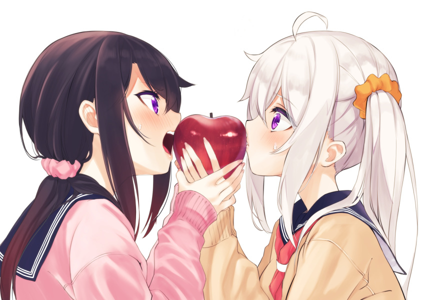 2girls absurdres ahoge apple bangs black_hair black_sailor_collar blush brown_sweater closed_mouth commentary_request eating eye_contact eyebrows_visible_through_hair food fruit hair_between_eyes hair_ornament hair_scrunchie hands_together highres holding holding_food holding_fruit long_hair long_sleeves looking_at_another low_ponytail multiple_girls nail_polish open_mouth orange_scrunchie original pink_nails pink_scarf pink_sweater ponytail profile purple_eyes red_apple sailor_collar scarf school_uniform scrunchie serafuku shared_food side_ponytail silver_hair simple_background sleeves_past_wrists sweat sweater upper_body upper_teeth white_background zero_(miraichizu)