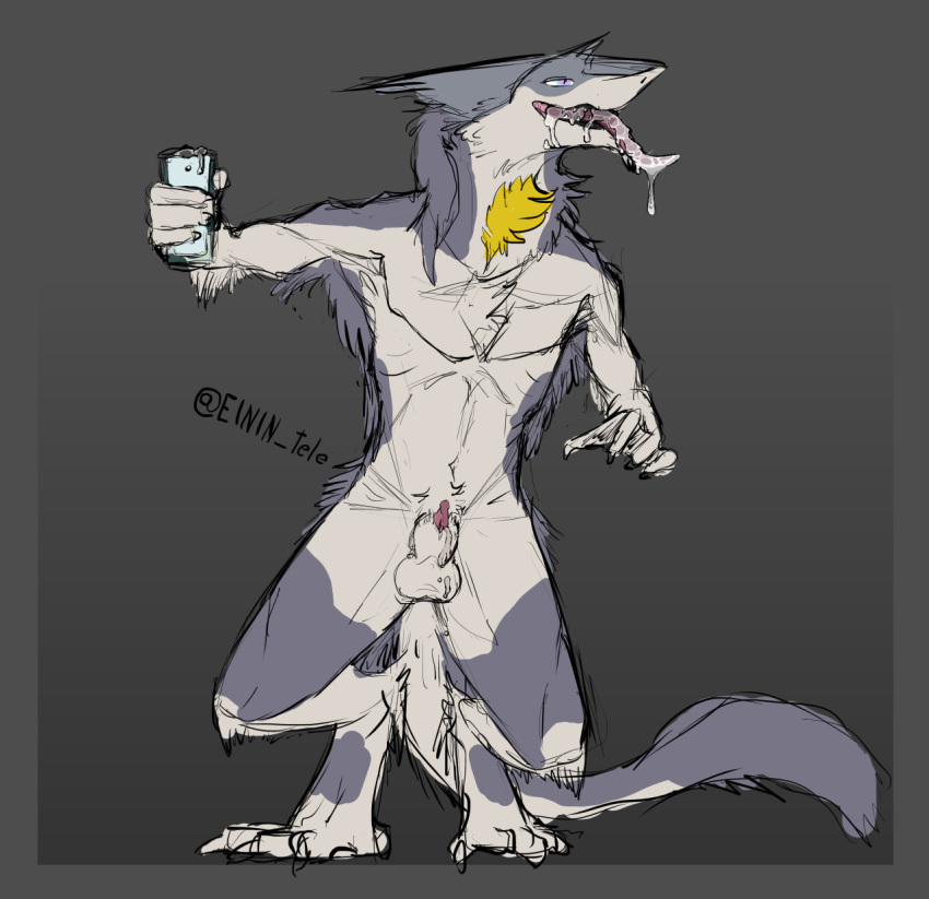 animal_genitalia anthro balls bodily_fluids cum cum_in_a_cup cum_in_mouth cum_inside cum_on_face cum_on_tongue digital_media_(artwork) einin fur genital_fluids genitals hi_res keel kel long_neck male open_mouth penis poking_out precum sergal sheath simple_background sketch solo tail_tuft tongue tuft