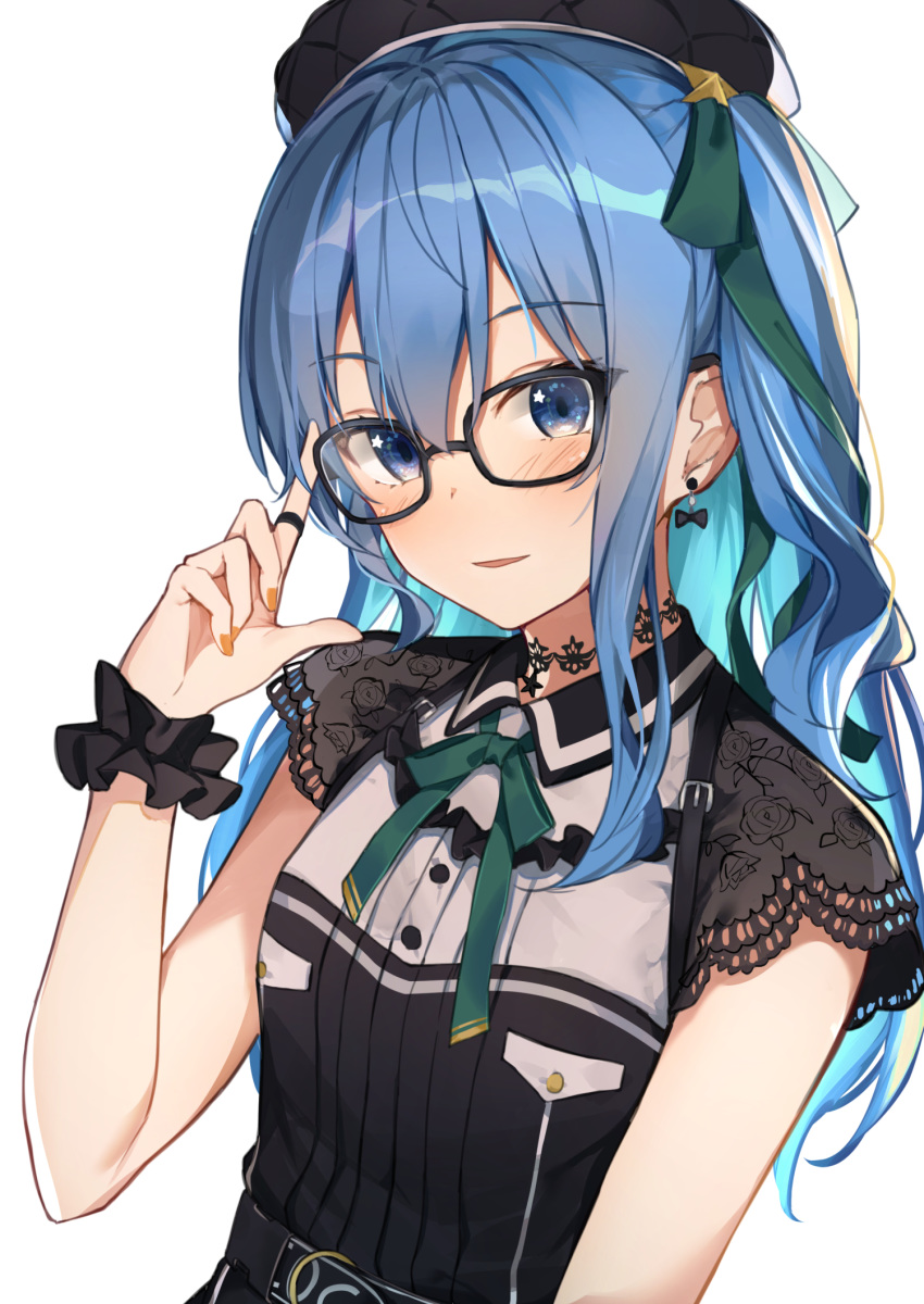 1girl adjusting_clothes adjusting_eyewear beret bespectacled black-framed_eyewear blue_eyes blue_hair bow bow_earrings choker drop_earrings earrings eyelashes fingernails flower frilled_cuffs glasses hat hat_ribbon highres hololive hoshimachi_suisei isaya_(pixiv4541633) jewelry lace lace_choker long_hair looking_at_viewer nail_polish no_jacket orange_nails ribbon ring ringlets rose short_sleeves sidelocks simple_background solo star_(symbol) star_choker upper_body virtual_youtuber wavy_hair white_background