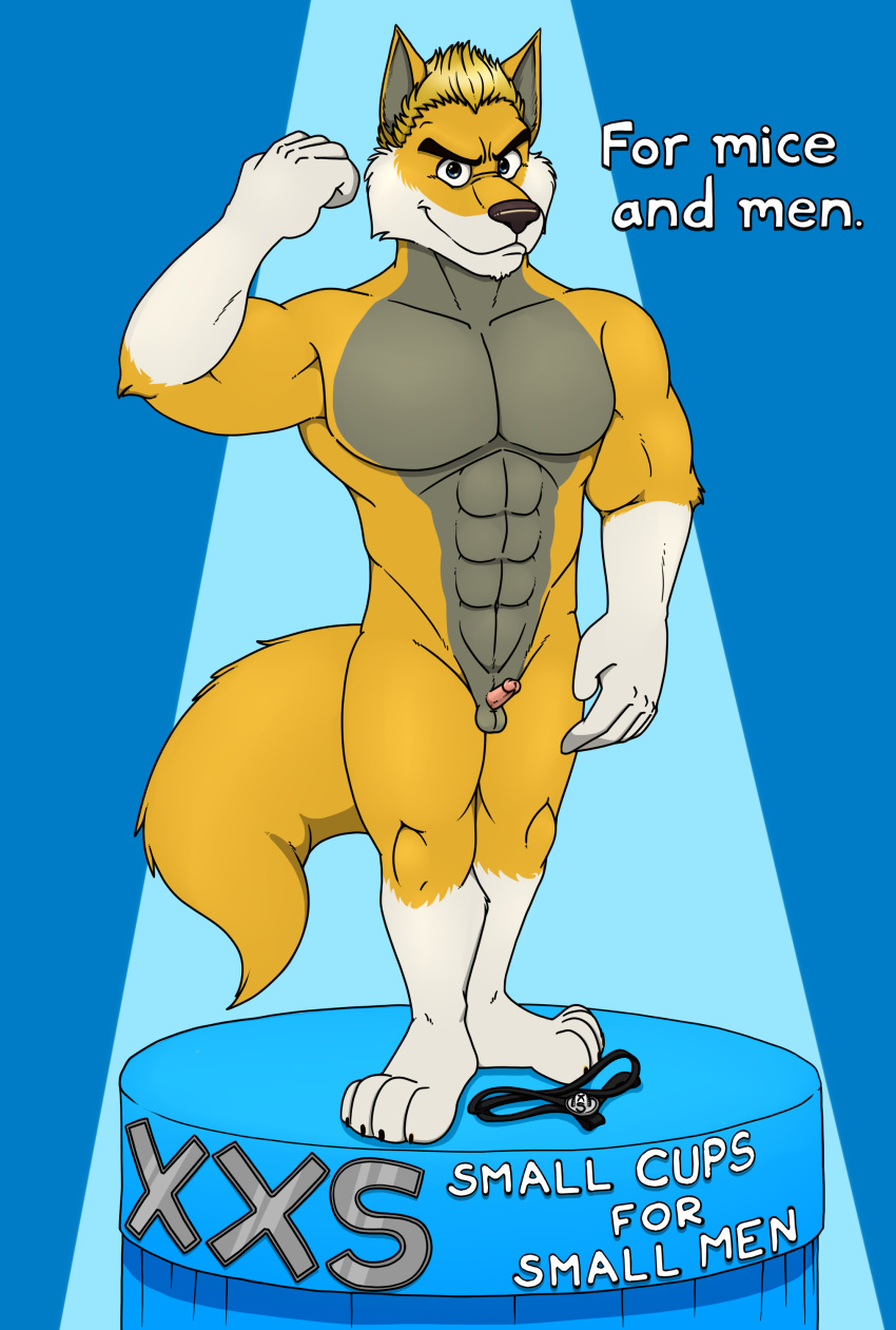 absurd_res advertisement anthro balls blake canid canine canis clothing commercial confident cup english_text genitals hi_res jockstrap male mammal muscular muscular_anthro muscular_male neenya penis podium small_balls small_penis small_penis_appreciation solo sportswear text underwear wolf