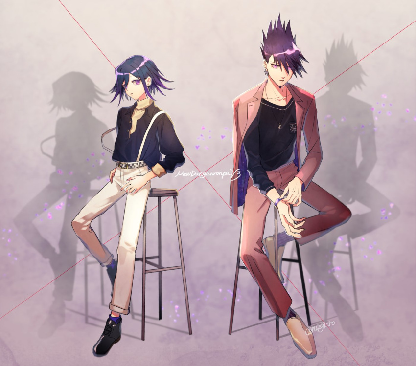 2boys alternate_costume bangs belt black_footwear black_hair black_shirt black_skirt breast_pocket brown_footwear brown_pants brown_sweater chair character_name checkered collarbone commentary_request cowboy_shot danganronpa earrings facial_hair full_body grey_background highres jacket jacket_on_shoulders jewelry long_sleeves looking_at_viewer male_focus momota_kaito multiple_boys nagi_to_(kennkenn) necklace new_danganronpa_v3 open_clothes open_jacket open_mouth ouma_kokichi pants parted_lips pocket purple_eyes purple_hair shadow shiny shiny_hair shirt shirt_tucked_in shoes short_hair sitting skirt space_print spiked_hair starry_sky_print suspenders sweater twitter_username upper_body white_pants