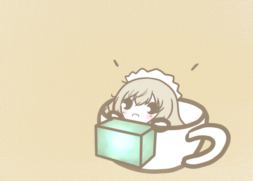 1girl azur_lane chibi cup hermione_(azur_lane) holding in_container in_cup koti light_brown_hair long_hair maid_headdress mental_cube_(azur_lane) simple_background solo yellow_background