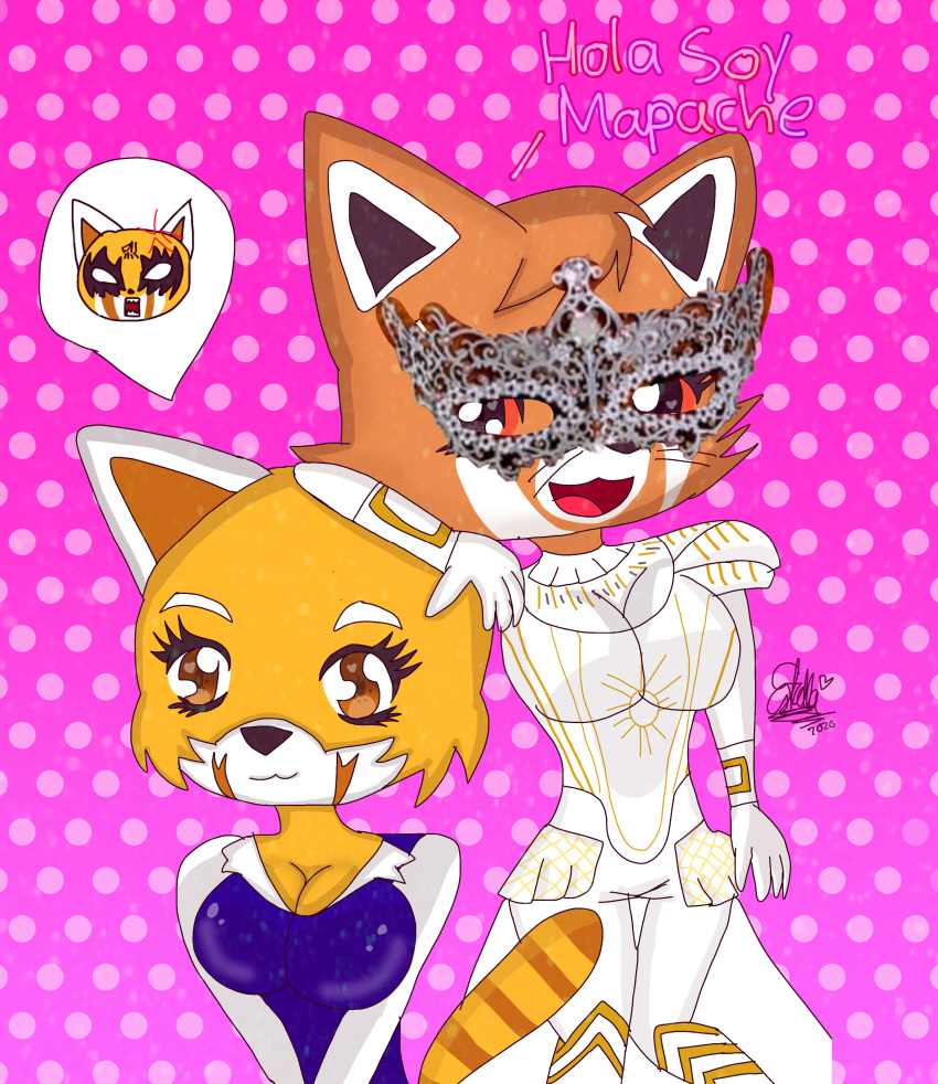 2girls absurdres aggressive_retsuko animal_ears breasts crossover dress hand_on_another's_head highres makeup mask migetrina4ver2018 multiple_girls office_lady pink_background polka_dot polka_dot_background raccoon raccoon_(the_masked_singer) raccoon_ears raccoon_girl raccoon_tail red_panda red_panda_ears red_panda_tail retsuko spanish_text tail the_masked_singer white_dress