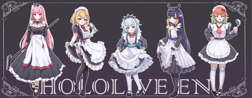 5girls absurdres adapted_costume alternate_costume apron ascot bangs belt black_choker black_dress black_gloves black_legwear blonde_hair blue_eyes border bow bow_choker bowtie breasts brown_background cargo_(pixiv27244088) choker crossed_legs curtsey dress dress_lift earrings enmaided feather_earrings feathers flat_chest frilled_apron frills full_body gawr_gura gloves gradient_hair green_hair hair_ornament hairband hand_on_hip highres holding holding_ladle holding_mop hololive hololive_english holomyth jewelry kneehighs knot ladle large_breasts loafers long_hair long_sleeves looking_at_viewer maid maid_headdress mary_janes medium_breasts messy_hair monocle_hair_ornament mop mori_calliope multicolored_hair multiple_girls ninomae_ina'nis orange_hair pantyhose pink_eyes pink_hair purple_eyes purple_hair red_eyes sharp_teeth shoes short_sleeves simple_background smile swept_bangs takanashi_kiara teeth tentacle_hair thigh_strap thighhighs two_side_up very_long_hair virtual_youtuber watson_amelia watson_cross white_border white_gloves white_legwear