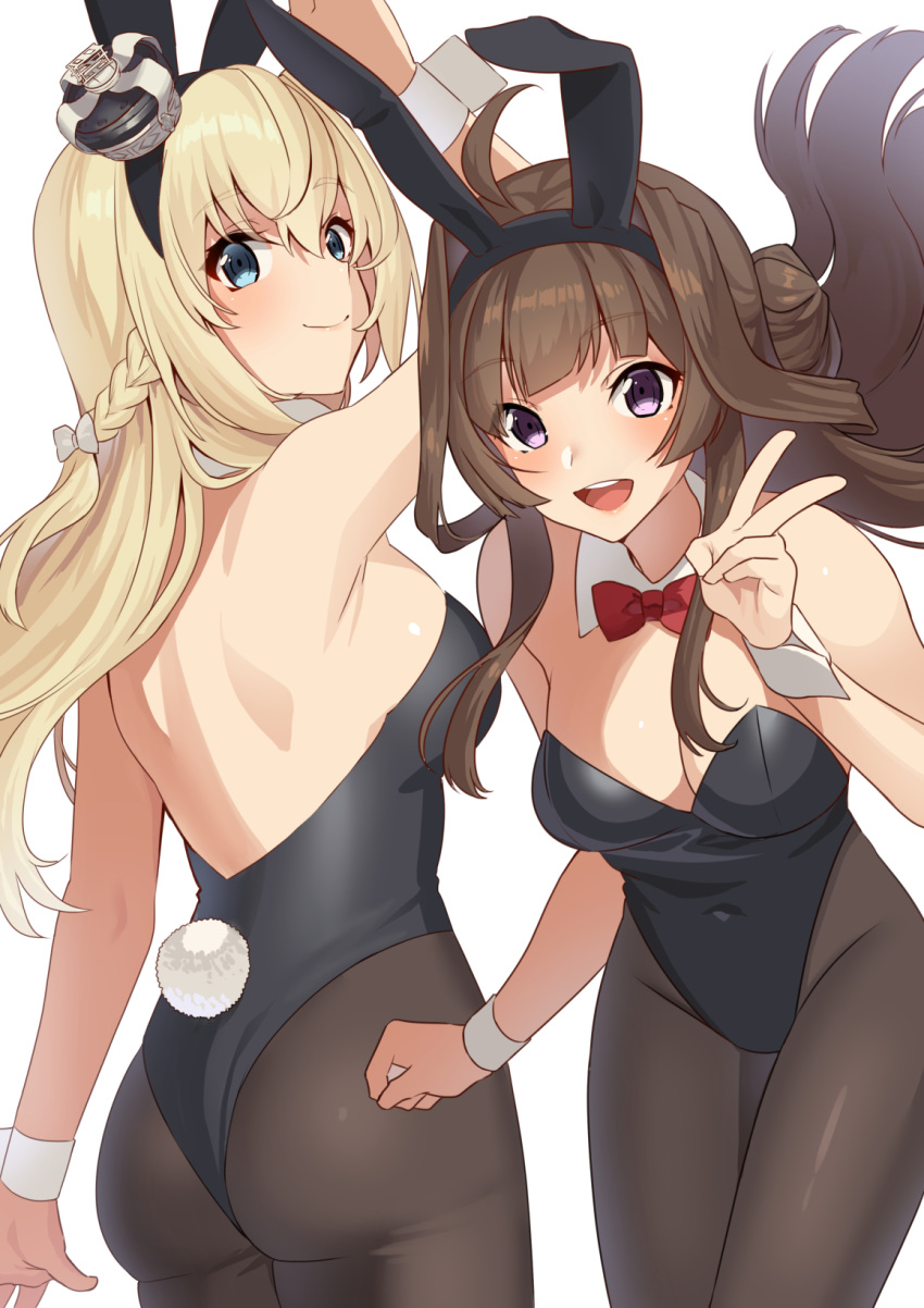 2girls ahoge alternate_costume animal_ears black_legwear blonde_hair blue_eyes bow bowtie braid breasts brown_hair bunny_ears bunny_tail cleavage cowboy_shot detached_collar double_bun dress french_braid highres kantai_collection kongou_(kantai_collection) leotard long_hair looking_at_viewer mizuki_eiru_(akagi_kurage) multiple_girls off-shoulder_dress off_shoulder pantyhose playboy_bunny purple_eyes red_neckwear simple_background smile strapless strapless_leotard tail warspite_(kantai_collection) white_background wrist_cuffs