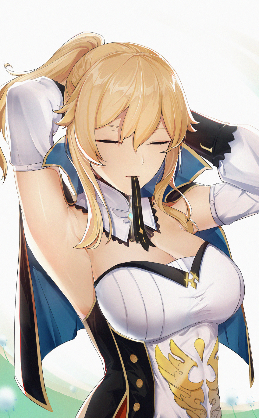 1girl 7t absurdres adjusting_hair armpits arms_up blonde_hair breasts capelet cleavage closed_eyes detached_sleeves genshin_impact gloves hair_ribbon highres huge_filesize jean_gunnhildr large_breasts long_sleeves ponytail ribbon sleeveless solo