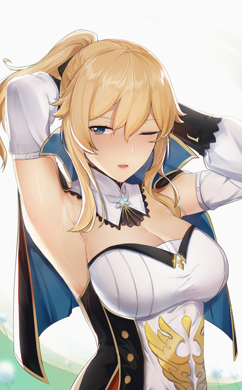 1girl 7t ;o absurdres adjusting_hair armpits arms_up blonde_hair blush breasts capelet cleavage detached_sleeves genshin_impact gloves hair_ribbon highres huge_filesize jean_gunnhildr large_breasts long_sleeves one_eye_closed open_mouth ponytail ribbon sleeveless solo