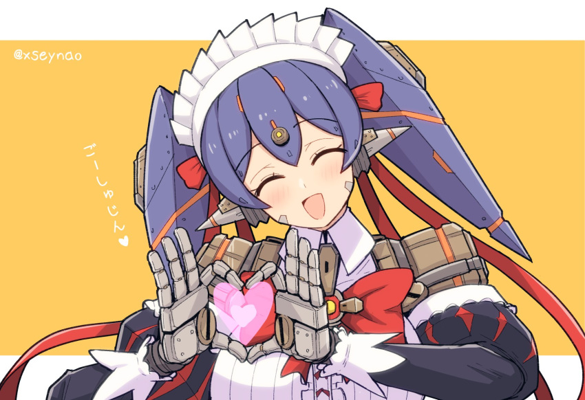 1girl :d ^_^ android bangs blush bow bowtie breasts closed_eyes detached_sleeves eyebrows_visible_through_hair facing_viewer head_tilt heart heart_hands highres joints juliet_sleeves long_hair long_sleeves maid_headdress medium_breasts mochimochi_(xseynao) open_mouth poppi_(xenoblade) poppi_qt_(xenoblade) puffy_sleeves purple_hair red_bow red_neckwear robot_joints smile solo translation_request twintails twitter_username two-tone_background upper_body xenoblade_chronicles_(series) xenoblade_chronicles_2 yellow_background