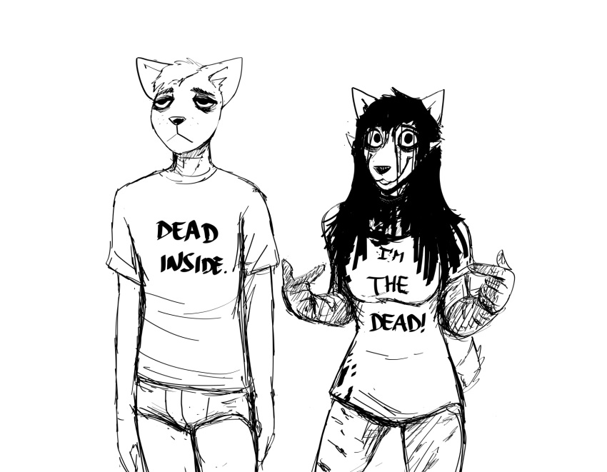 anthro black_and_white canid canine canis clothing domestic_dog duo female ghost ghost_pupper ghost_pupper's_boyfriend hi_res hladilnik humor male mammal monochrome shirt spirit text text_on_clothing text_on_shirt text_on_topwear topwear wolf