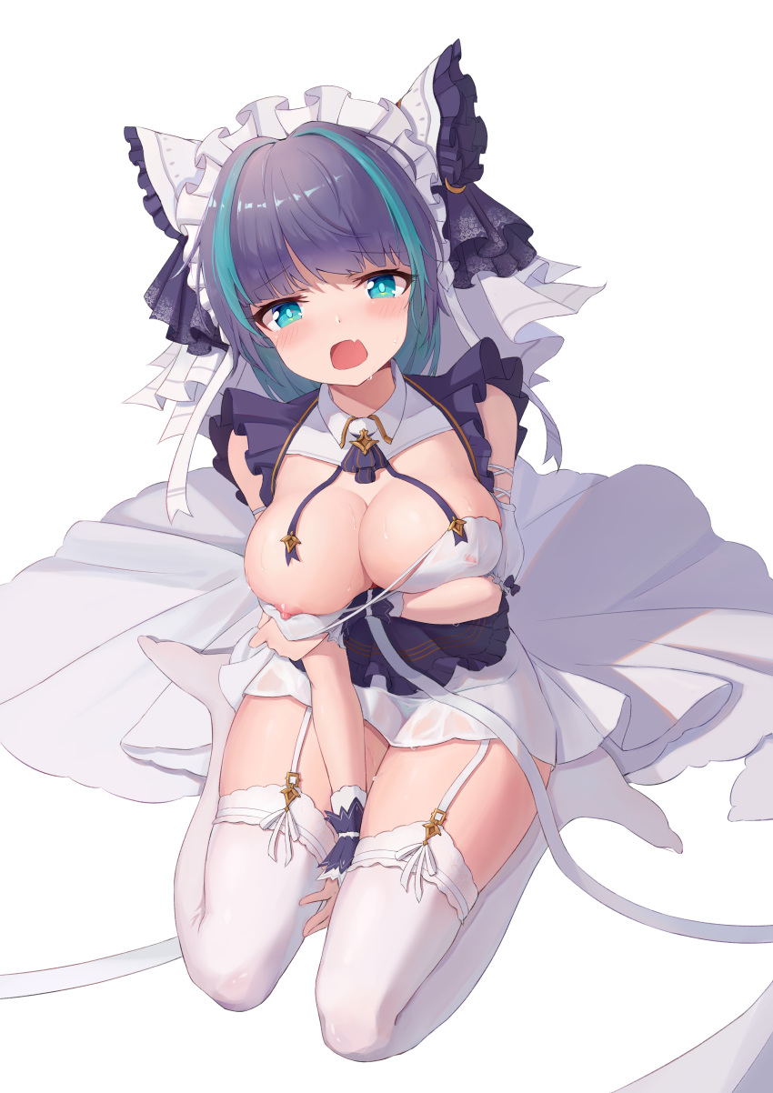 1girl absurdres aqua_eyes aqua_hair azur_lane breasts cheshire_(azur_lane) cleavage commentary_request dress garter_straps highres large_breasts looking_at_viewer maid maid_headdress multicolored_hair nipples no_shoes open_mouth purple_hair see-through sitting solo streaked_hair thighhighs user_wewj3337 wet wet_clothes white_legwear