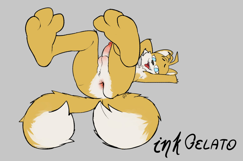 absurd_res anthro balls butt canid canine fox fur genitals hi_res inkgelato male mammal miles_prower penis presenting solo sonic_the_hedgehog_(series) yellow_body yellow_fur