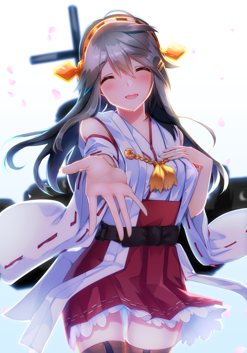1girl bangs bare_shoulders black_hair blush boots breasts closed_eyes commentary_request detached_sleeves eyebrows_visible_through_hair hair_ornament hairband hairclip hand_on_own_chest haruna_(kantai_collection) headgear highres japanese_clothes kantai_collection long_hair nontraditional_miko open_mouth petals reaching_out ribbon-trimmed_sleeves ribbon_trim skirt solo tears thigh_boots thighhighs tsukui_kachou