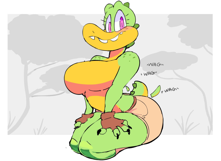 anthro bottomwear breasts clothed clothing crocodile crocodilian crocodylid featureless_breasts female hi_res looking_at_viewer non-mammal_breasts plant reptile scalie shorts solo sydney_swamp_(vimhomeless) tailwag topless tree vimhomeless