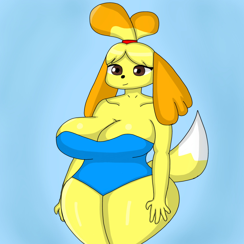 1:1 2020 absurd_res animal_crossing anime anthro big_breasts breasts brown_eyes canid canine canis cel_shading clothing demongirl_demoness digital_drawing_(artwork) digital_media_(artwork) domestic_dog female fur hi_res isabelle_(animal_crossing) mammal nintendo shaded shih_tzu simple_background solo swimwear thick_thighs toy_dog video_games wide_hips yellow_body yellow_fur