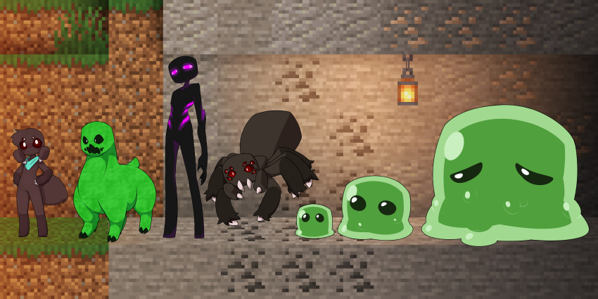 2:1 4_eyes 8_eyes absurd_res ambiguous_gender anthro arachnid arachnymph arthropod creeper enderman fan_character fangs fur glowing glowing_eyes goo_creature grass group hands_on_hips head_tuft hi_res humanoid hybrid insect kiki_(arachnymph) lantern light mammal minecraft multi_eye pincers slime spider standing sunlight tall tuft video_games