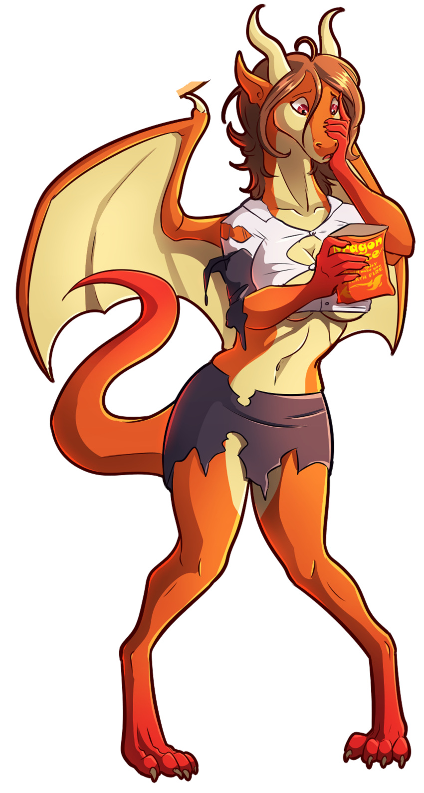 absurd_res after_transformation anthro clothing digitigrade dragon edit female hand_on_snout hi_res office_clothing scalie scissorsrunner solo torn_clothing western_dragon