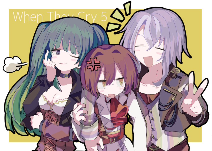 1girl 2boys belt black_jacket blue_eyes breasts brown_hair ciconia_no_naku_koro_ni cleavage closed_eyes green_hair gunhild_gustafsson highres jacket jayden_(ciconia) long_hair mitake_miyao momomotsu multiple_boys one_eye_closed purple_hair short_hair twintails v yellow_eyes