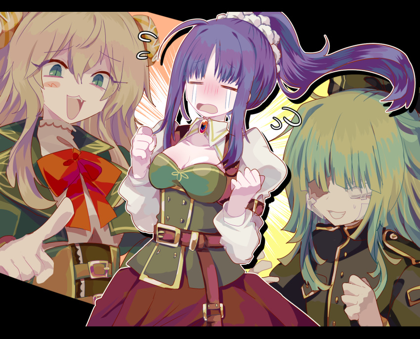 3girls ahoge bandage_on_face bandages belt blonde_hair blue_hair bow breasts chloe_ironside ciconia_no_naku_koro_ni cleavage closed_eyes fang food_on_hair green_bow green_eyes green_hair hair_bow highres koshka_(ciconia) lilja_viljakainen long_sleeves momomotsu multiple_girls pointing red_bow white_sleeves