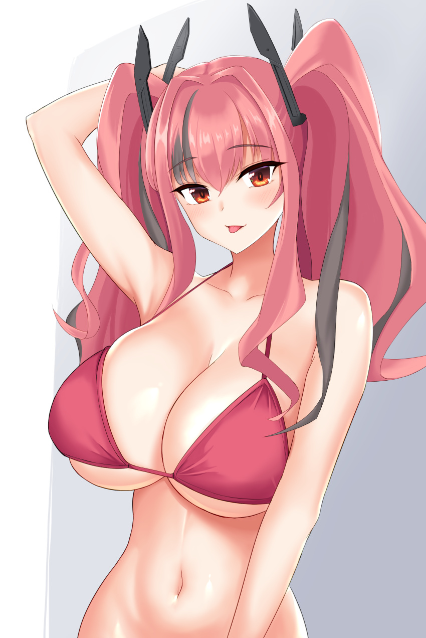 1girl :p absurdres arm_behind_head arm_up armpits azur_lane bangs bare_shoulders bikini bikini_top black_hair blush bottomless breasts bremerton_(azur_lane) cleavage collarbone commentary eyebrows_visible_through_hair groin hair_between_eyes hair_intakes hair_ornament highres large_breasts long_hair looking_at_viewer memai_(mathpersimmon) midriff multicolored_hair navel no_mole pink_bikini pink_eyes pink_hair sidelocks simple_background smile solo standing streaked_hair swimsuit tongue tongue_out twintails two-tone_hair upper_body