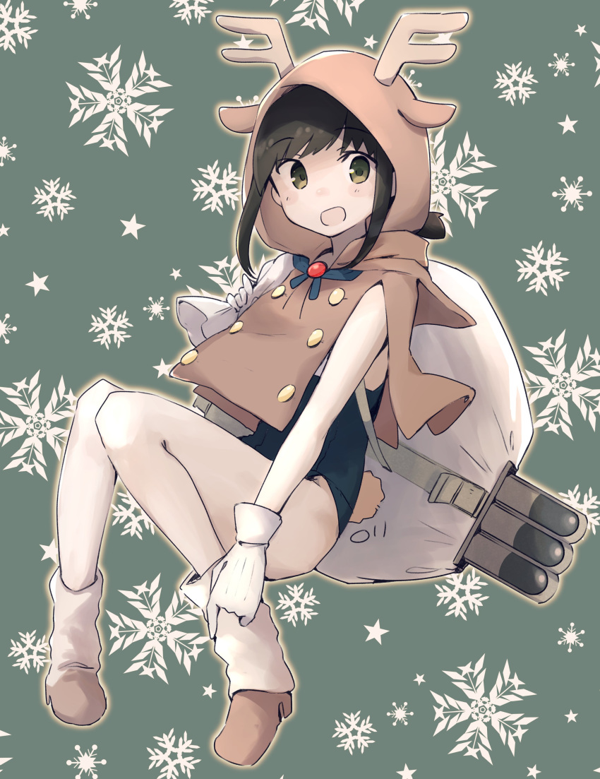 1girl :d absurdres animal_costume antlers black_hair blush eyebrows_visible_through_hair fake_tail fubuki_(kantai_collection) full_body gloves green_background green_eyes highres kantai_collection ma_rukan open_mouth reindeer_antlers reindeer_costume sack short_hair short_ponytail signature smile snowflake_background solo starry_background tail torpedo white_gloves