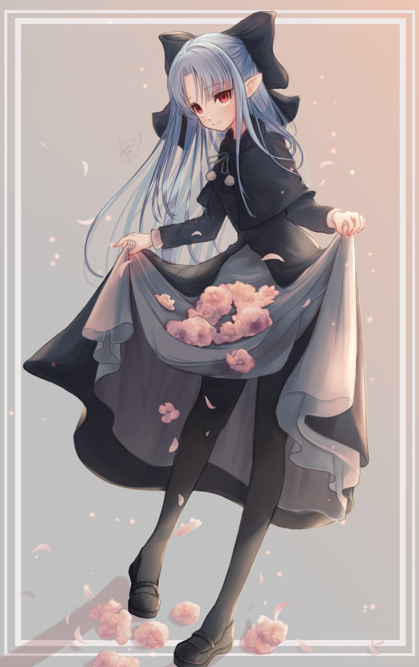 1girl bangs black_dress black_footwear black_legwear blue_hair bow chaa_art commission dress flower full_body grey_background hair_bow highres kagetsu_tooya len_(tsukihime) long_hair long_sleeves looking_at_viewer pantyhose parted_bangs pointy_ears red_eyes skeb_commission skirt_basket solo standing tsukihime