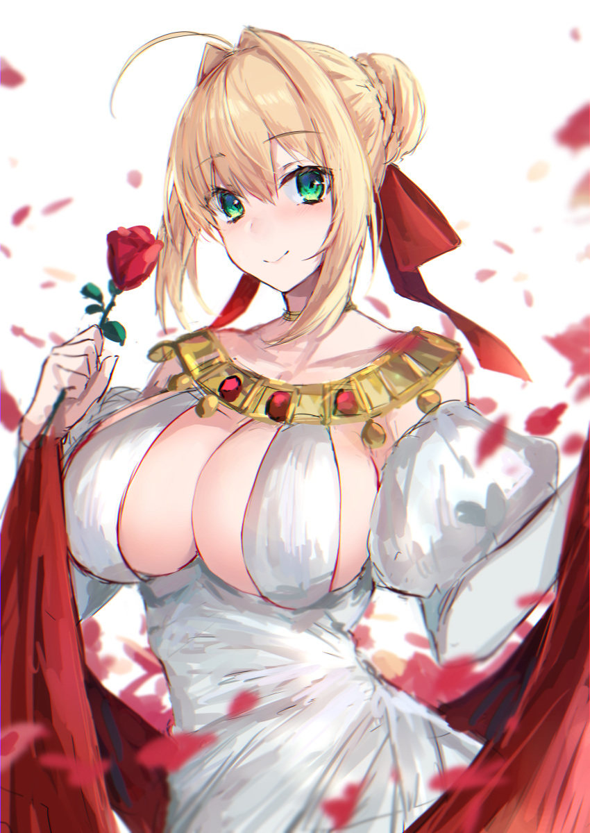 1girl absurdres ahoge bangs bare_shoulders blonde_hair blush braid breasts cleavage detached_sleeves dress earrings fate/extra fate/grand_order fate_(series) flower french_braid green_eyes hair_bun hair_intakes hair_ribbon heroic_spirit_formal_dress highres hitomin_(ksws7544) jewelry large_breasts long_hair looking_at_viewer necklace nero_claudius_(fate) nero_claudius_(fate)_(all) petals puffy_sleeves red_ribbon ribbon rose simple_background smile thighlet white_background white_dress