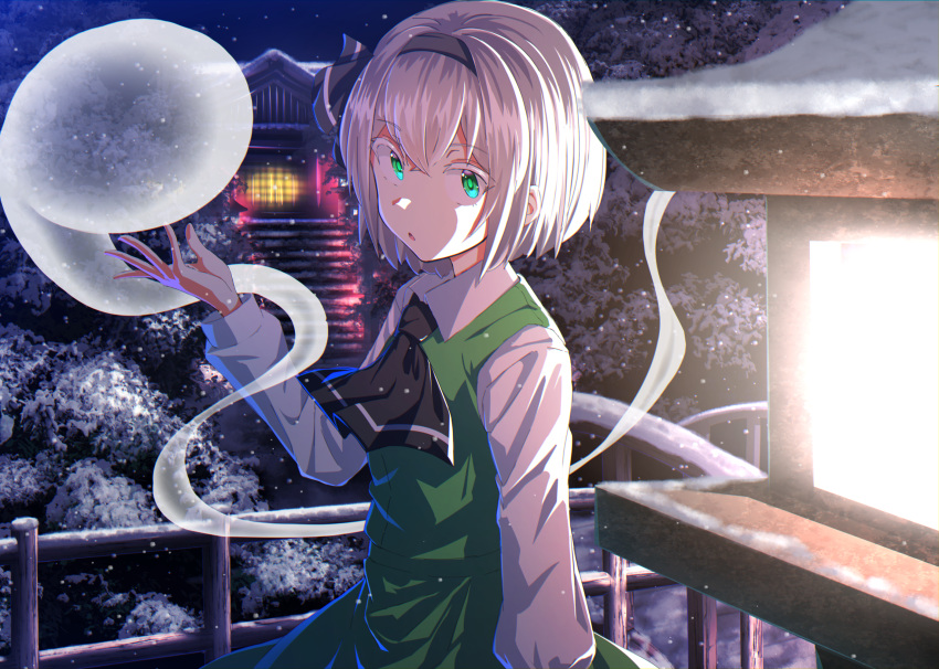 1girl :o architecture ascot black_hairband black_ribbon bob_cut east_asian_architecture gensoukyou glowing glowing_eyes green_eyes green_skirt green_vest hair_ribbon hairband hakugyokurou highres hitodama kakutasu_(akihiron_cactus) konpaku_youmu ribbon scabbard sheath shirt short_hair skirt skirt_set solo touhou vest white_hair white_shirt